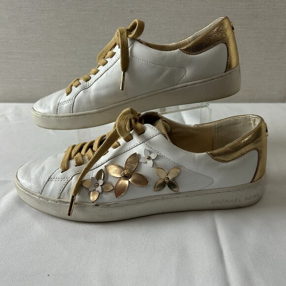 MICHAEL KORS Sz 9.5 Lola White Leather with Gold Accents and Flowers Sneakers - Picture 1 of 9